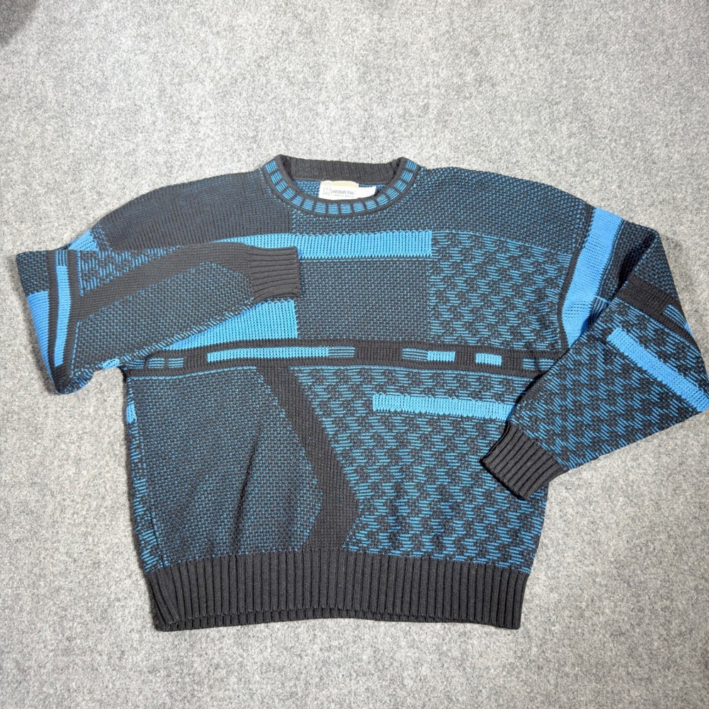 Vintage London Fog Abstract Knit Sweater Mens XL Blue Black Made in USA